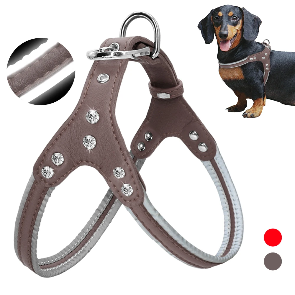 

Dog Harness Leather Reflective Small Medium Dogs Vest Harnesses Rhinestone Pug Harness for Pitbull Chihuahua Red Brown S M L