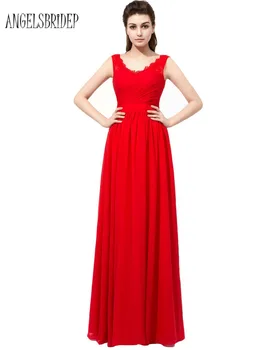 

ANGELSBRIDEP Red V Neck Bridesmaid Dresses Floor Length Chiffon Lace-Up Vestido De Festa Special Occasion Party Formal