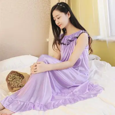 Женская летняя длинная ночная рубашка, шелковая ночная рубашка без рукавов, сексуальная ночная рубашка, однотонная свободная Пижама, повседневное Ночное платье, Неглиже - Цвет: Лаванда