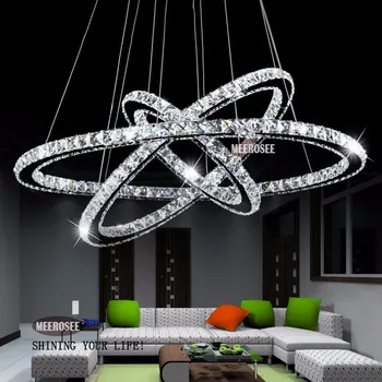 

MEEROSEE Modern Chrome Chandelier Crystals Diamond Ring LED Lamp Stainless Steel Hanging Light Fixtures Adjustable Cristal LED