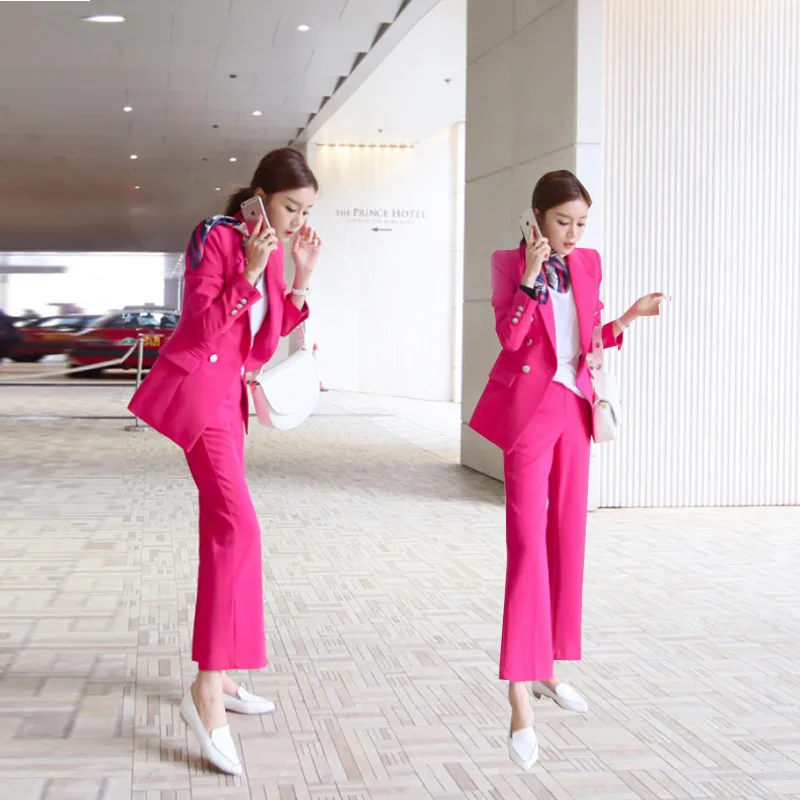 

2018 new fashion professional blazer female rose red long section was thin double-breasted suit pants two-piece