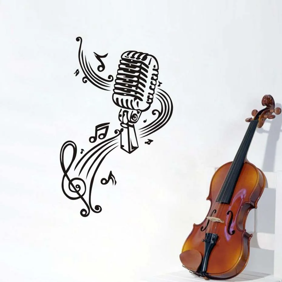 Microphone Music Notes Wall Art Decals Vinyl Murals Sticker For Living Room Kalaoke Room Removable Wallpaper Modern Home Decor (2)