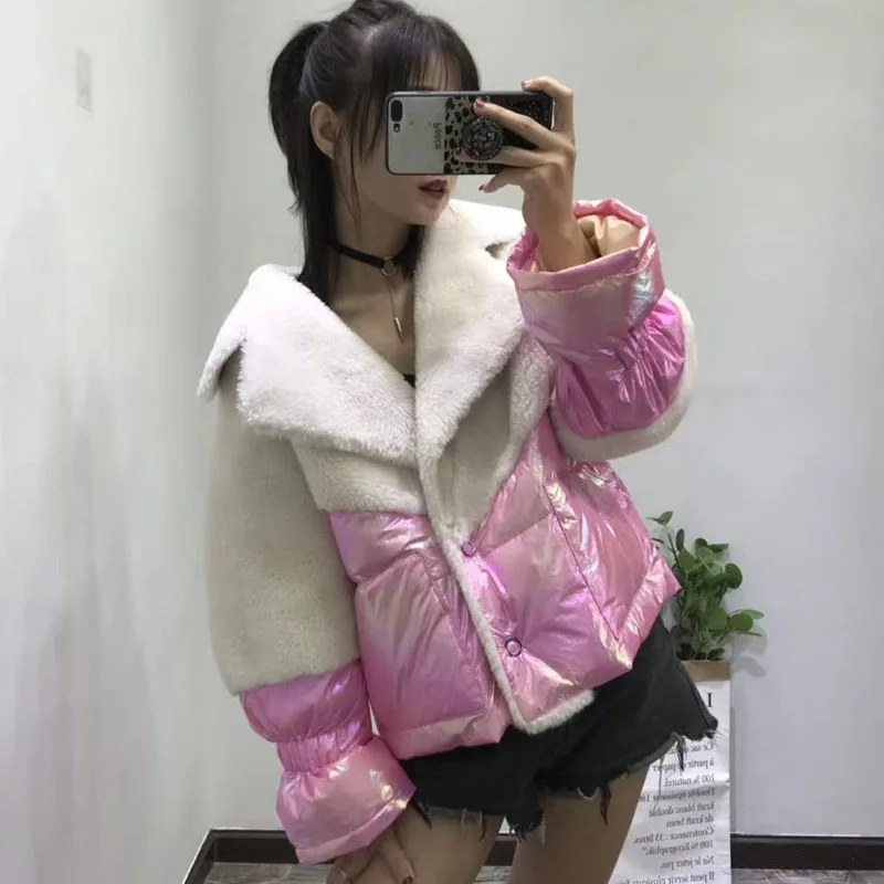 women winter clothing duck down jacket Suit collar 2019 korean harajuku real sheep fur coat wool fur parka patchwork coats