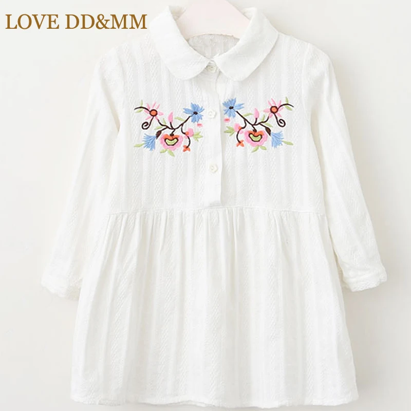 LOVE DD& MM/платье для девочек Новинка года, Весенняя детская одежда белое платье-рубашка с длинными рукавами и цветочной вышивкой для девочек - Цвет: Белый