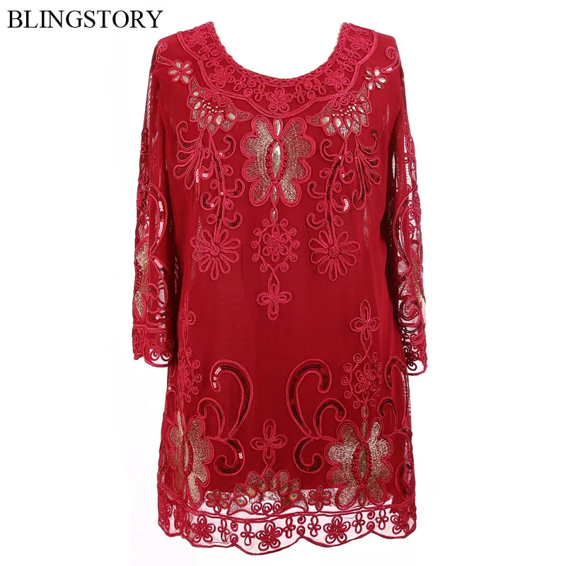 

BLINGSTORY Vintage 1920s Style Retro Sequined Bead Mesh Shirts Women Embroidery Flower Plus Size Blouse Top KR3608
