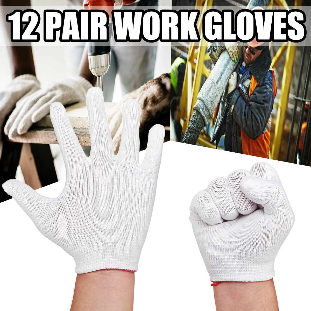 

12 Pairs White Nylon Gloves Full Finger Men Women Coating Work Gloves Builders Waiters Jewelry Wear-resistant Labor Protector