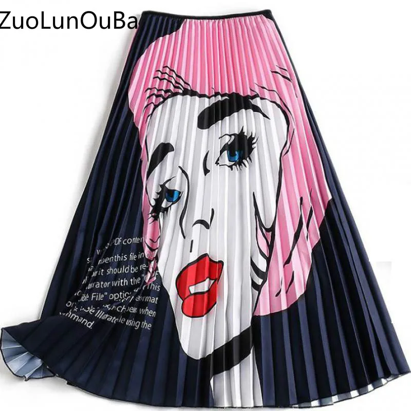 New womens skirts ZuoLunOuBa beauty letter printing pattern elastic high waist pleated A word skirt Kawaii beach long skirt girl New womens skirts ZuoLunOuBa beauty letter printing pattern elastic high waist pleated A word skirt Kawaii beach long skirt girl
