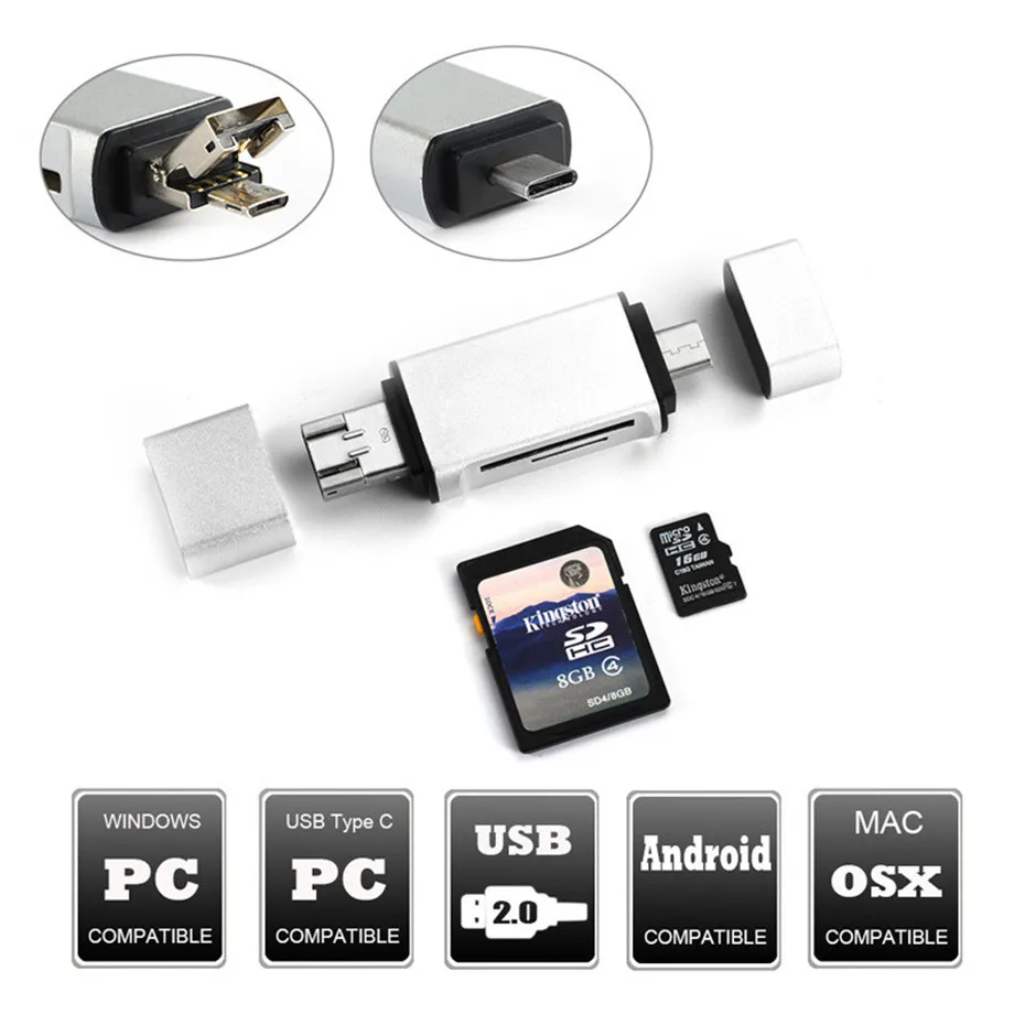 Basix Mini 5 in1 USB C OTG Hub Type CMicro USBUSB to Micro SD TF Card Readers 1