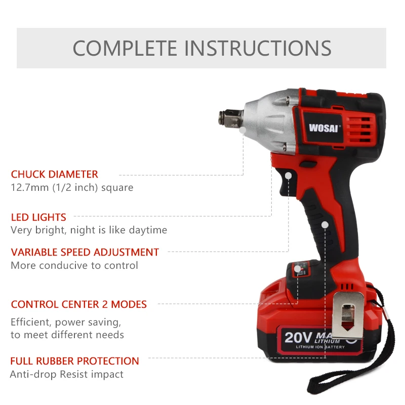 WOSAI 20V Lithium Battery Brushless Impact Electric Wrench Max Torque