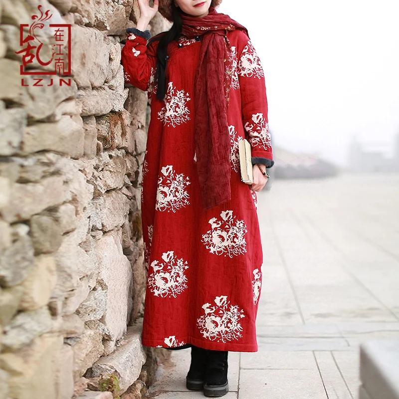 LZJN Lange Mouw Bloemenprint Maxi Jurk 2019 Winter Qipao Traditionele Chinese Cheongsam Zakken Warme Fleece Jurken voor Vrouwen