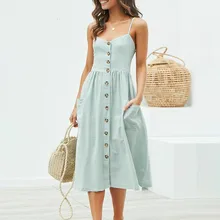 Summer Dress Women Sexy Spaghetti Strap Button Dress Sleeveless Cotton Casual Sun Dress button front sleeveless dress