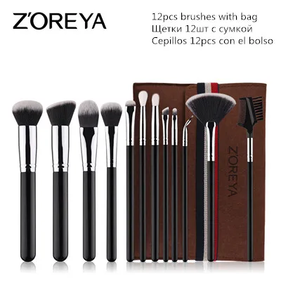 ZOREYA, кисти для макияжа, 12 шт., набор кистей для макияжа, пудра, контур, основа, тени для век, растушевка, кисть для губ - Handle Color: brush with bag