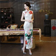 YZ Vintage Handmade Button Flower Cheongsam Traditional Chinese Women Satin Sexy Dress Novelty High Slits Slim Long Qipao