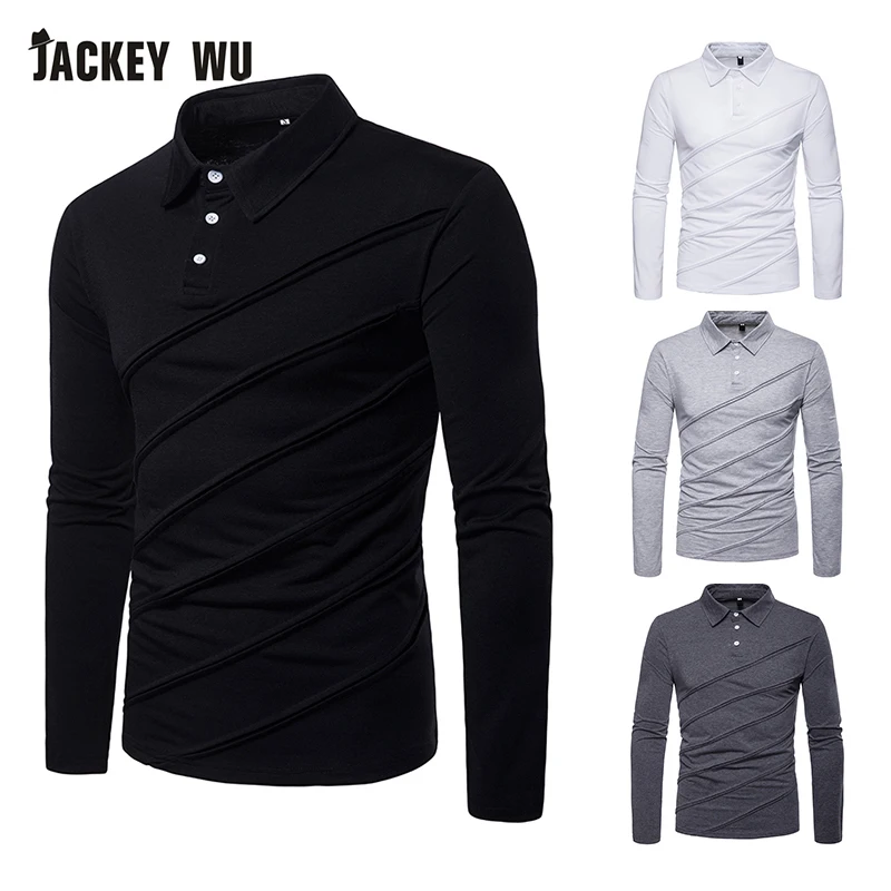 JACKEYWU, мужская рубашка поло,, модная, однотонная, с длинным рукавом, хлопковая, дышащая, тонкая, мужская, поло, черная, повседневная, Camisa Polo