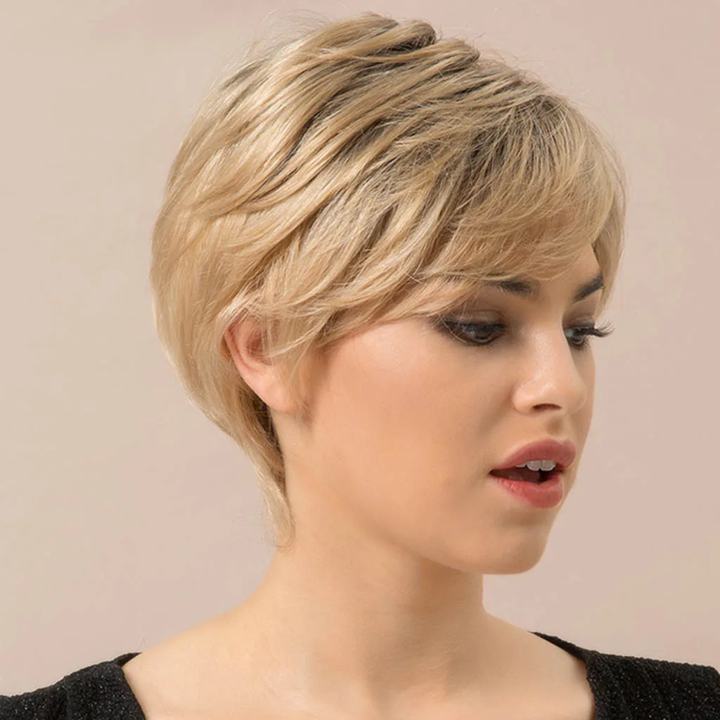 

Short Human Hair Golden Straight Cosplay Fluffy Wig 8inch with Wig Cap