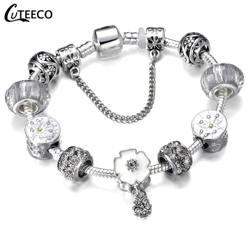 AJ3044 CUTEECO 925, модный серебряный браслет с шармами, браслет для женщин, Хрустальный цветок, сказочный шарик, подходит для брендовых браслетов, ювелирные изделия, браслеты - Окраска металла: AJ3044