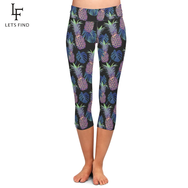 

LETSFIND Summer New Pineapple Design Digital Printing Leggings High Waist Women Mid-Calf 3/4 Fitness Black Pants Plus Size