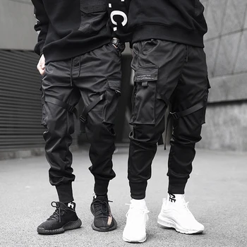 

2019 Men Ribbons Color Block Black Pocket Cargo Pants Harem Joggers Harajuku Sweatpant Hip Hop Trousers