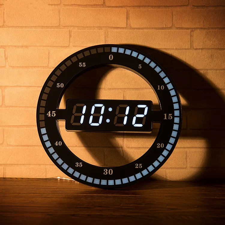 Creative Mute Hanging Wall Clock Black Circle Automatically Adjust Brightness Digital Led Display Desktop Table Clock