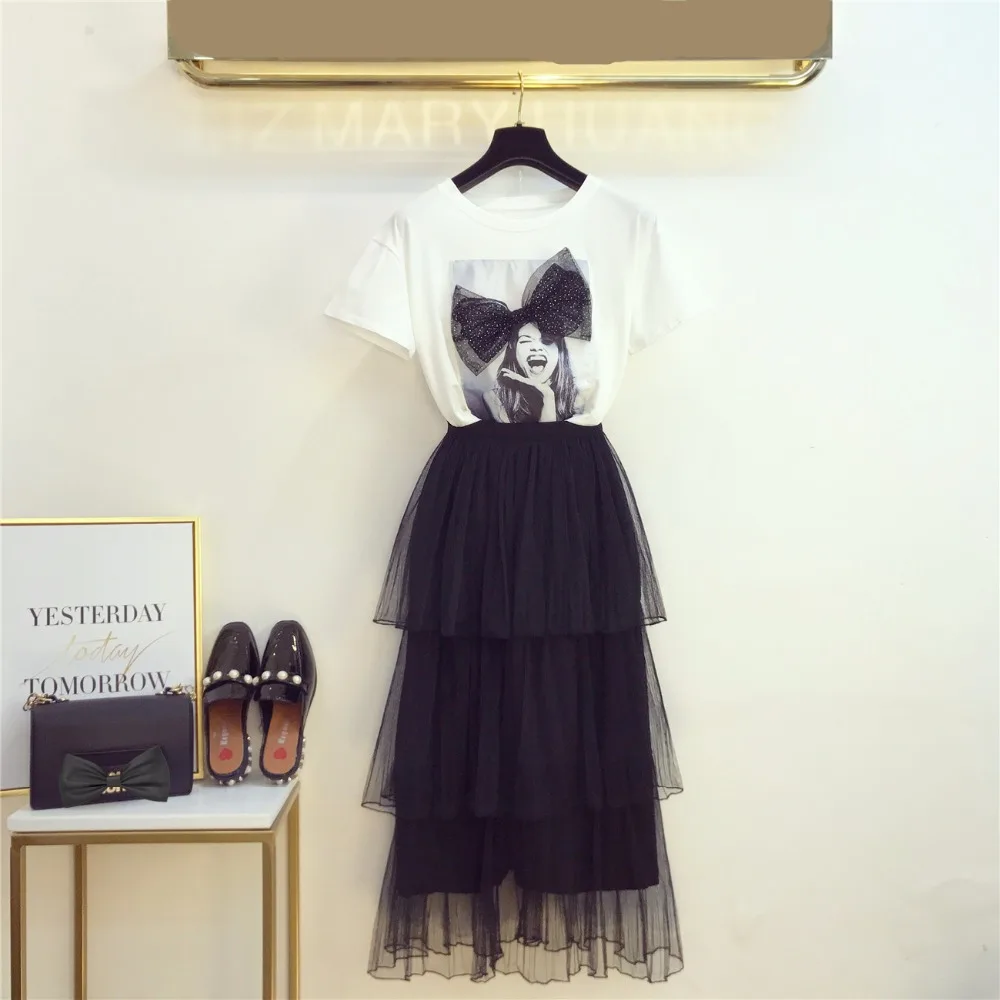 

2019 Beautiful Two-piece sets Summer Women Short Sleeve Bow Girls Print T-shirt + Mesh Skirt Female Set suits A973