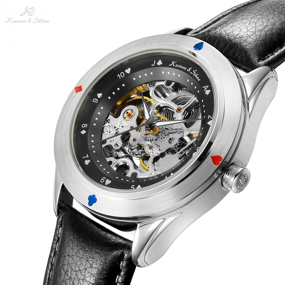 كانساس التلقائي الذاتي الرياح بوكر بطاقة الحافة الهيكل العظمي حركة الفضة حالة الذكور ساعة رجالية جلدية حزام الميكانيكية ووتش/ KS382