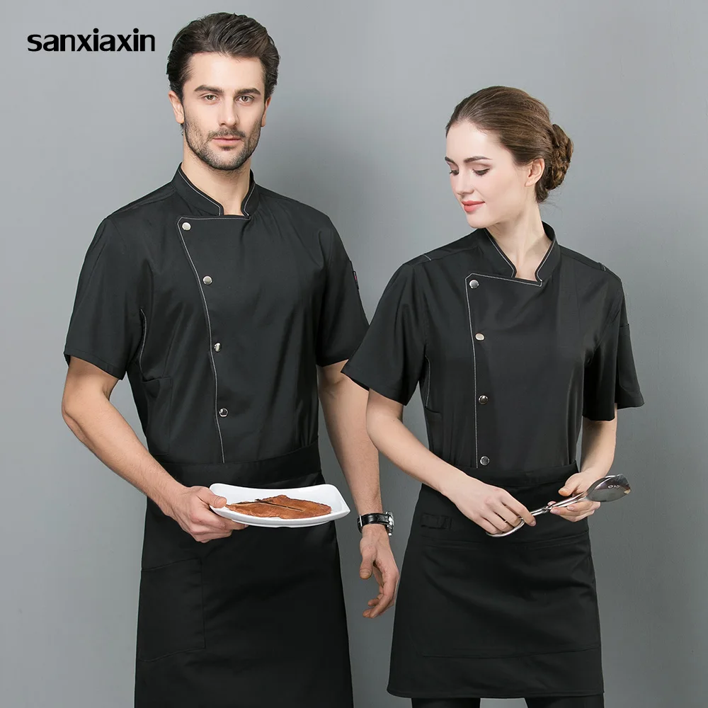 

unisex Short sleeved cooker Work shirts Double Breasted Restaurant Kitchen Chef Jackets black and white hotel catering workwear