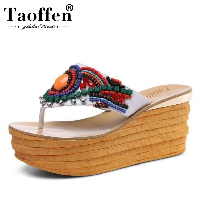 

TAOFFEN Bohemia Women's Real Leather High Wedges Sandals Beading Flower Trifle Sandals Summer Holiday Beach Shoes Size 34-39