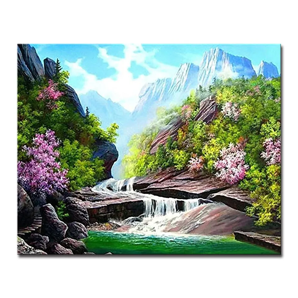 DIY горы, водопад живопись по номерам цифра окраска лесной поток воды пейзаж маслом картины Домашний декор холст стены искусства