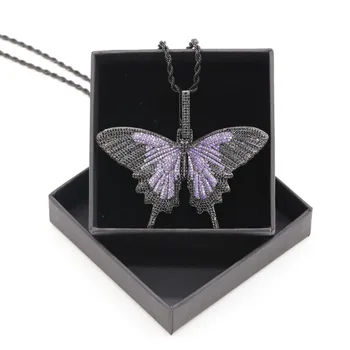 

Full CZ Iced Out Copper Butterfly Pendant Necklace Bling Hip Hop Rapper Dancer Jewelry with Gift Box
