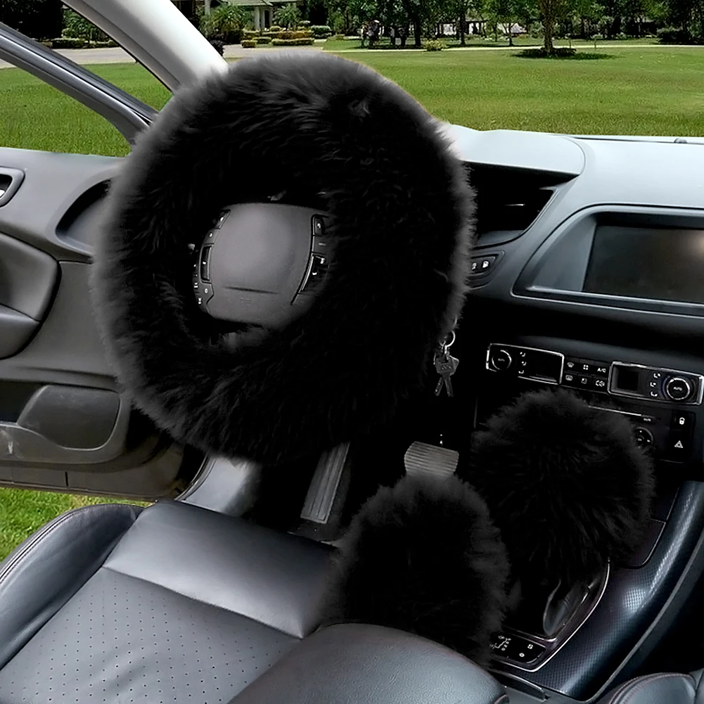 Универсальный руль Плюшевые Чехлы рулевого колеса автомобиля ручной тормоз и шестерня крышка набор автомобиля аксессуары для интерьера для женщин девочек - Название цвета: black