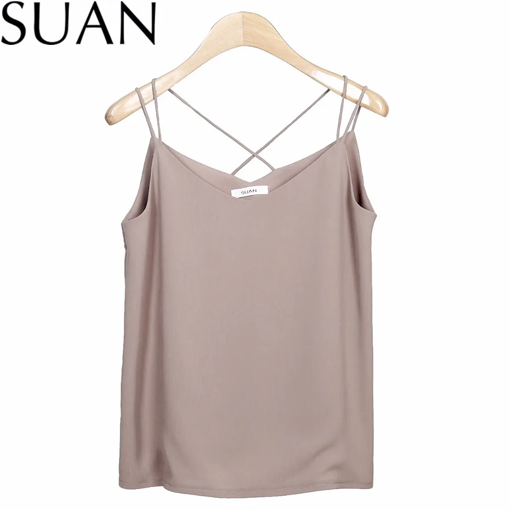 SUAN 2018 Vests New Women Chiffon Camis Vest Tops Tees Slim Solid Color Chiffon Patchwork Casual Tank Tops 2332 Brand