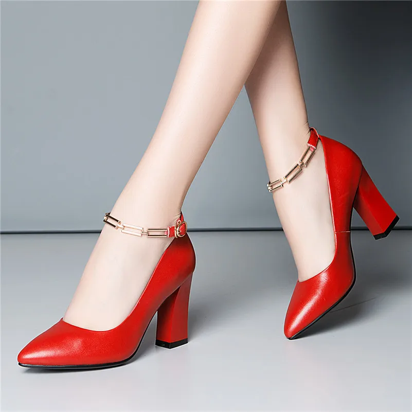CONASCO Fashion Women Ankle Strap Pumps Genuine Leather Pointed Toe Sexy Party Office Shoes Woman Spring Autumn High Heels Shoes