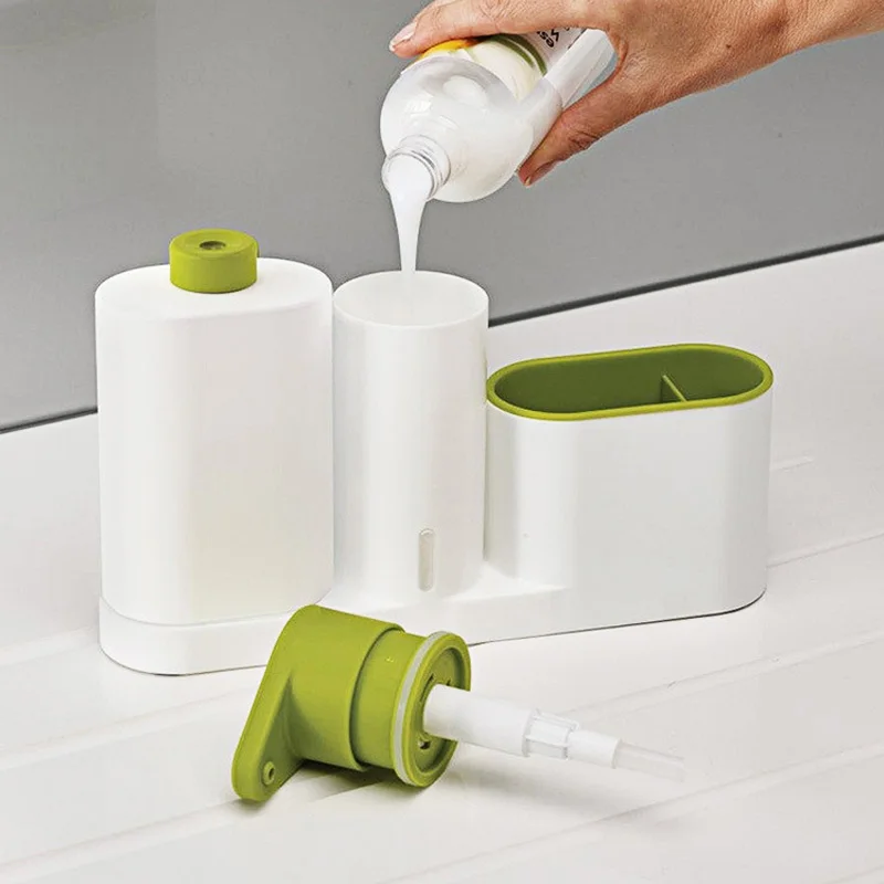 Kitchen Sink Detergent Dispenser Stand With Sponge Storage Liquid Soap Automatic Dispenser Shelf Set Bathroom Organizer Green