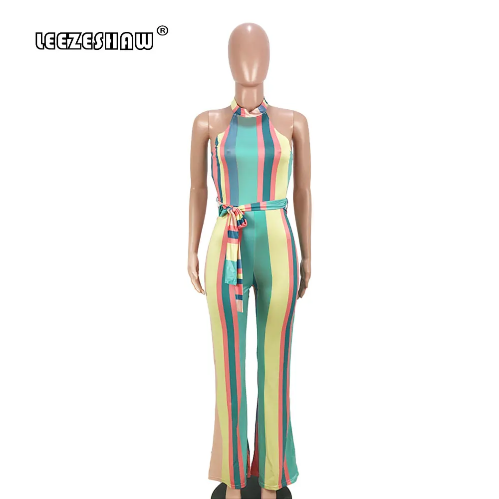 Leezeshaw Chromatic Striped Jumpsuit for Women 2018 Sexy Off Shoulder Rompers Playsuit Sleeveless Straight Jumpsuits With Sashes Jumpsuits and Playsuits