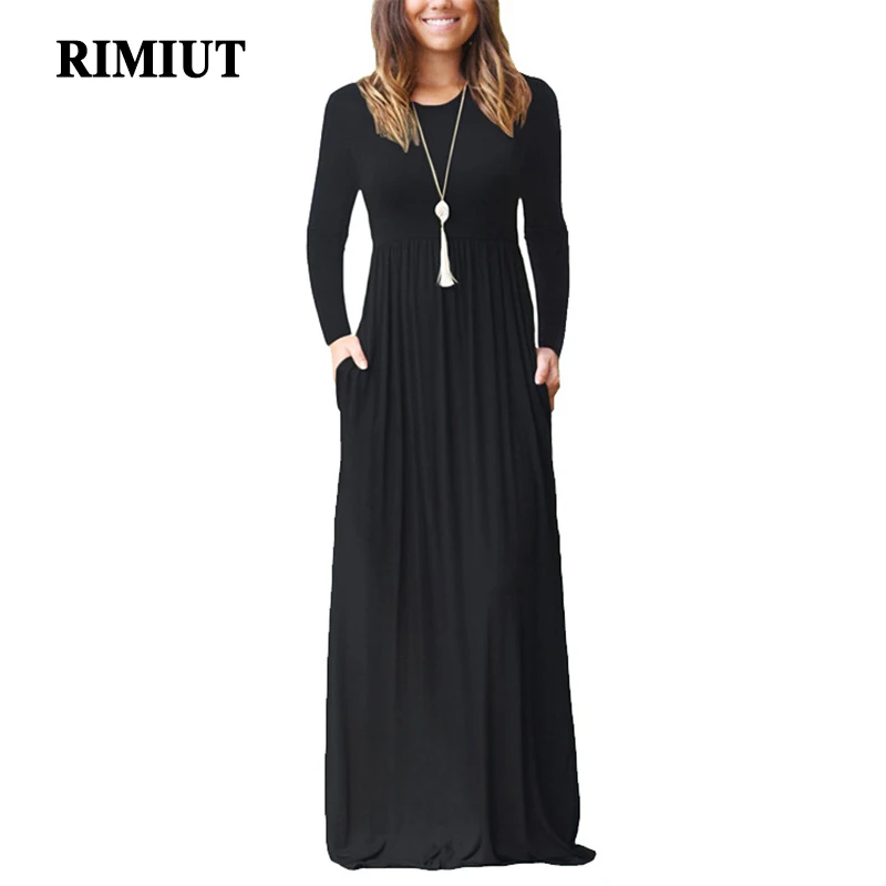 Kopen Rimiut 2018 NIEUWE Mode Vrouwen Herfst Lange Mouw Casual Jurken Straight Solid 10 Kleur Polyester Lady Herfst Lange Jurk Kleding
