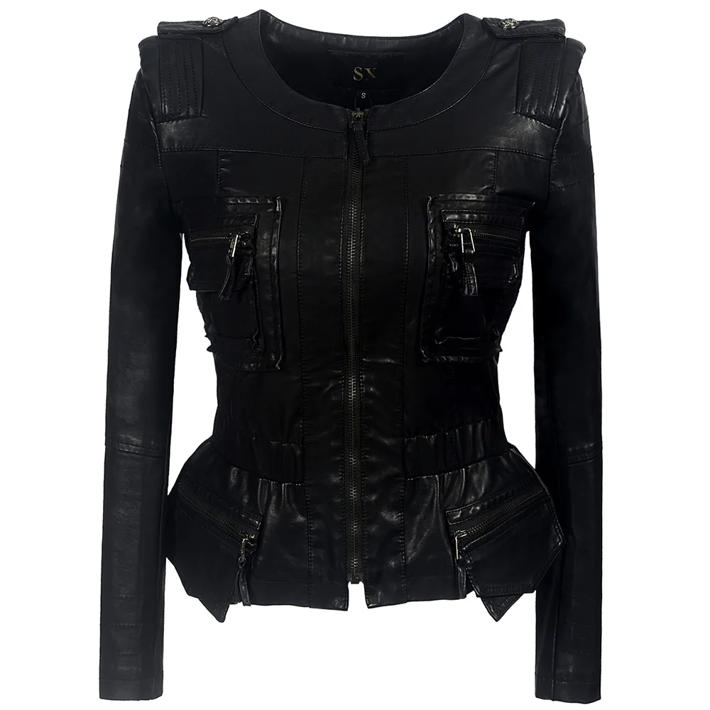  Ruffle Gothic faux leather PU Jacket Women Winter Autumn Fashion Motorcycle Jacket Black faux leath