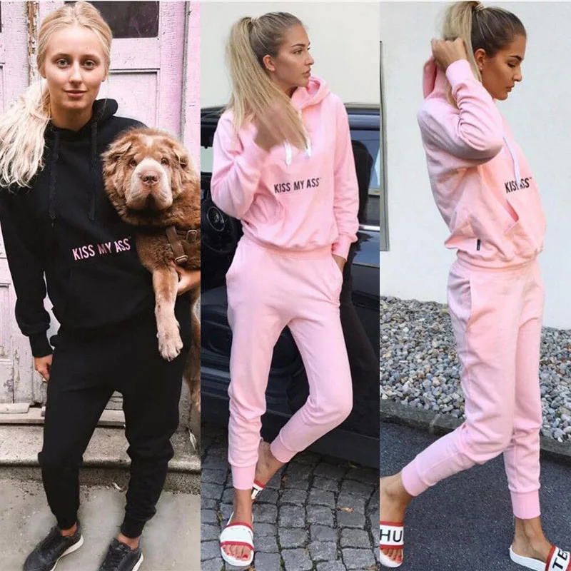 

Women's Tracksuits with Hooded Pink Black 2pcs Sweatshirt Sweatpants Suits For Women 2018 Spring Autumn Hoodies Set Hoody Female