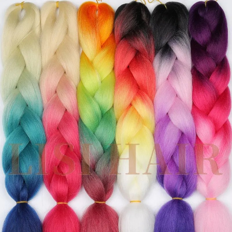 LISI HAIR Ombre Kanekalon Jumbo Synthetic Braiding Hair Crochet Blonde Pink Blue Grey Hair Extensions Jumbo Braids Hairstyles---