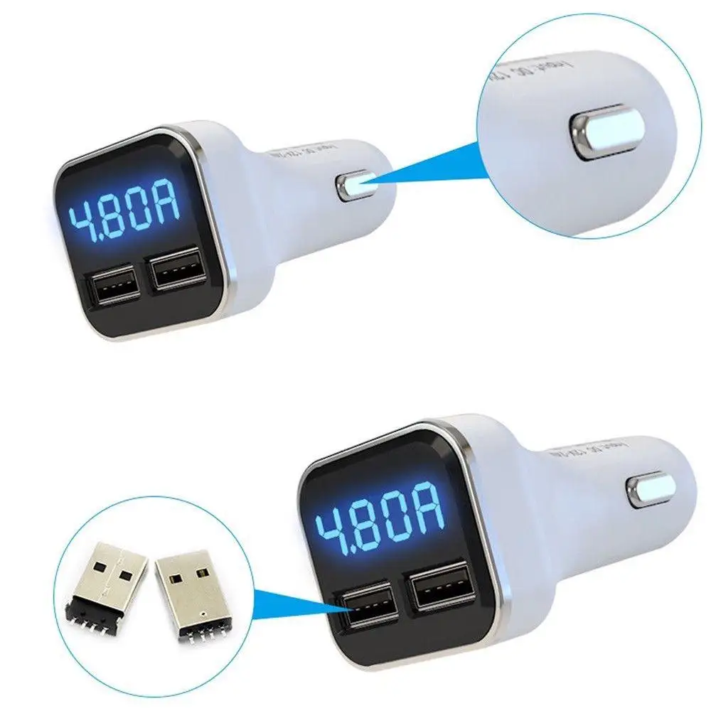 Универсальное зарядное устройство для мобильного телефона, двойной USB, автомобильное зарядное устройство 4.8A, адаптер, светодиодный дисплей, быстрая зарядка для iPhone, samsung