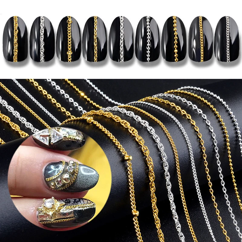 

50cm Nail Art Decorations Chain DIY 3D Gold Silver Nail Glitter Metal Multi-size Striping Ball Beads Nail Accessories