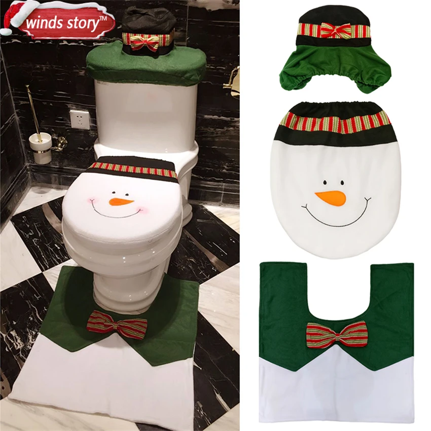 Christmas Bathroom Products 3pcs Set Xmas Decoration Lovely Snowman Toilet Seat Cover And Rug