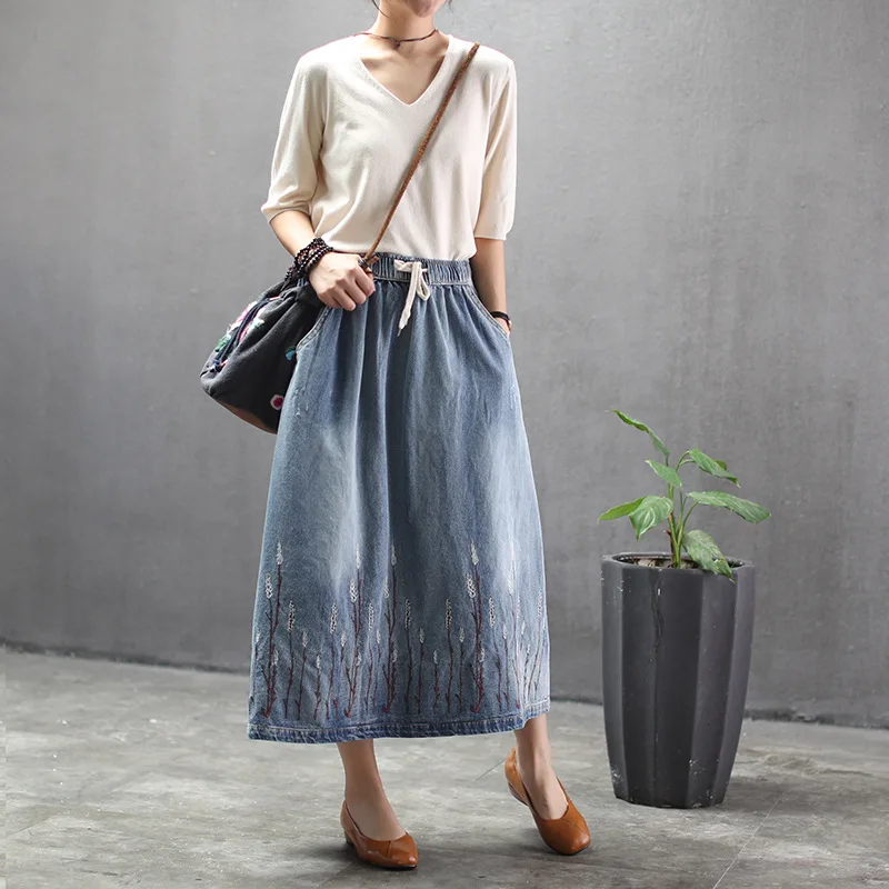 Национальный стиль Женская винтажная джинсовая юбка новая весенняя летняя вышитая дерево свободная джинсовая юбка кэжуал размера плюс до середины икры макси юбка