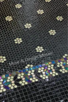 

Iridescent Medallion Mosaic Wall tile floor tile Black white flower kitchen backsplash Waterproof Wallpaper Bathroom Waist line