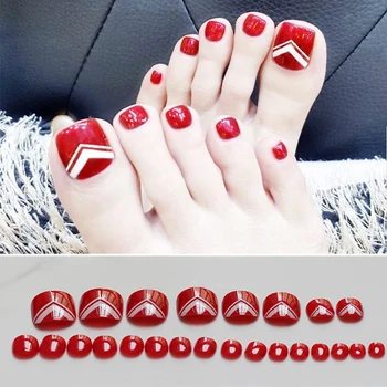 

full sets Fake Toenails Simple white lines Art Photography travel False Toenails Artificial Red Toes with Jelly Stickers Free