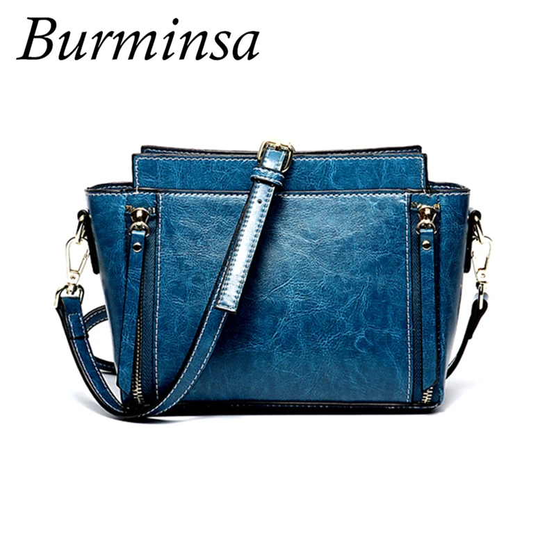 

Burminsa Small Trapeze Genuine Leather Women Crossbody Bags Zippers Decorated High Quality Oil Wax Girls shoulder Bags 2019