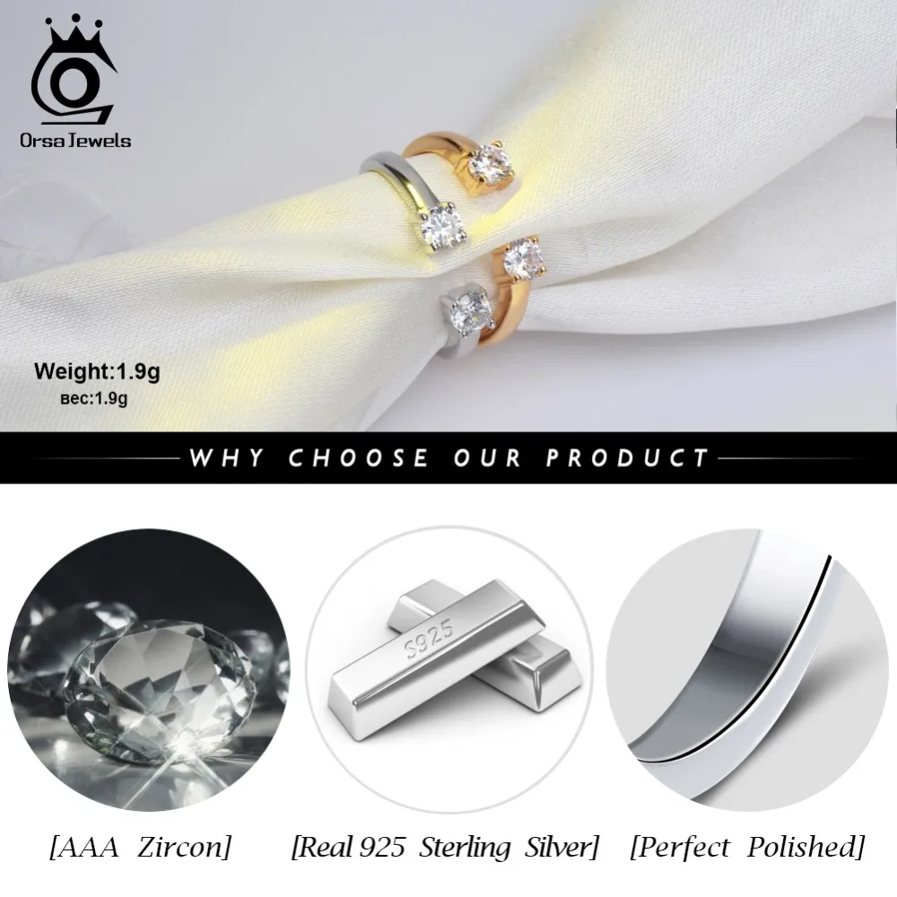 ORSA JEWELS Real 925 Sterling Silver Rings Open Design Silver&Gold Color AAA Zircon Adjustable Ring Party Jewelry For Women SR60