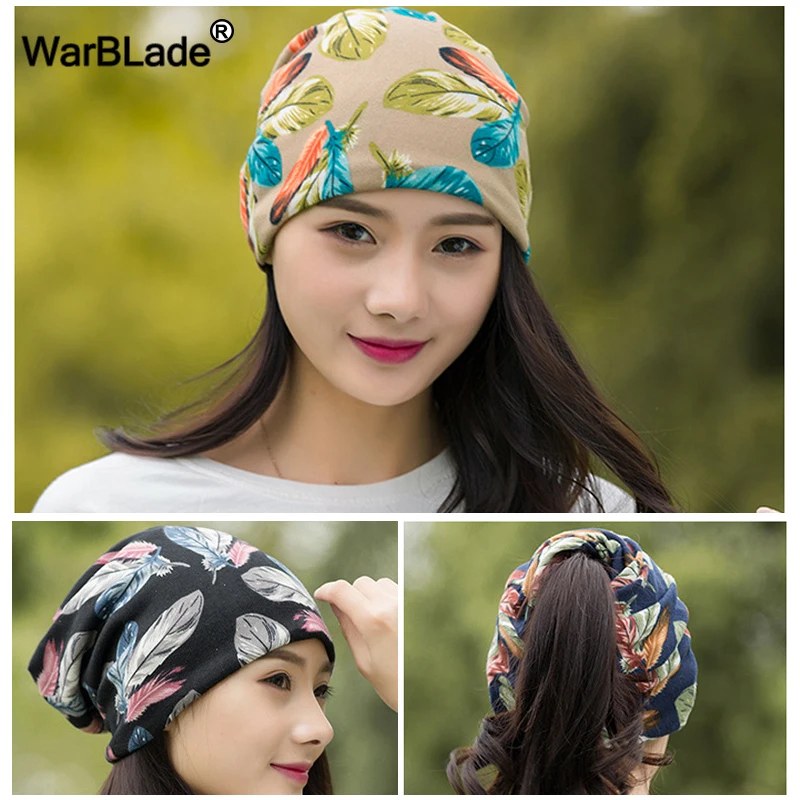 

WarBLade Fashion Spring-Autumn Women's Hats Feather Pattern Beanies Knitted Hat Female Two Used Cap Scarf Skullies Beanies
