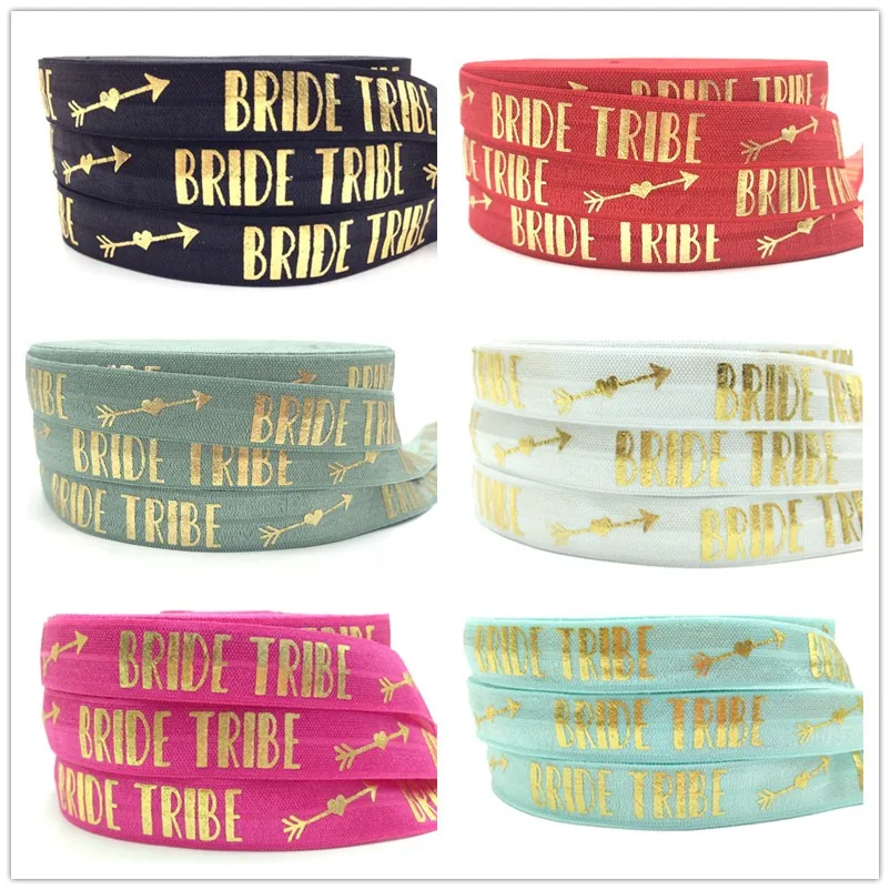 

New Ribbon Bride Tribe Printed Fold Over Elastic Gold Foil 5/8'' FOE Ribbon DIY Wedding Sewing Hair Tie Accessory Wholesale