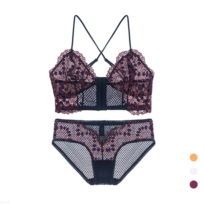 

Super Fashion Slim Cup Six-row Front Button Bra and Panty Set Sexy Lace Tri-colour Special Flower Pattern Wear-Free Can Out Wear