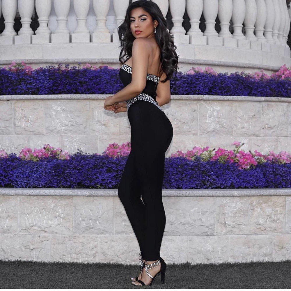 Moulante Perles Salopette Nouvelle Femmes Noir Bretelles Sexy Nu Élégant Celebrity 2018 Clubwear Mode Bandage Dos HwFUxFvqC